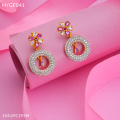 Mayro round pink stone AD gold plated Earring - MYGE041